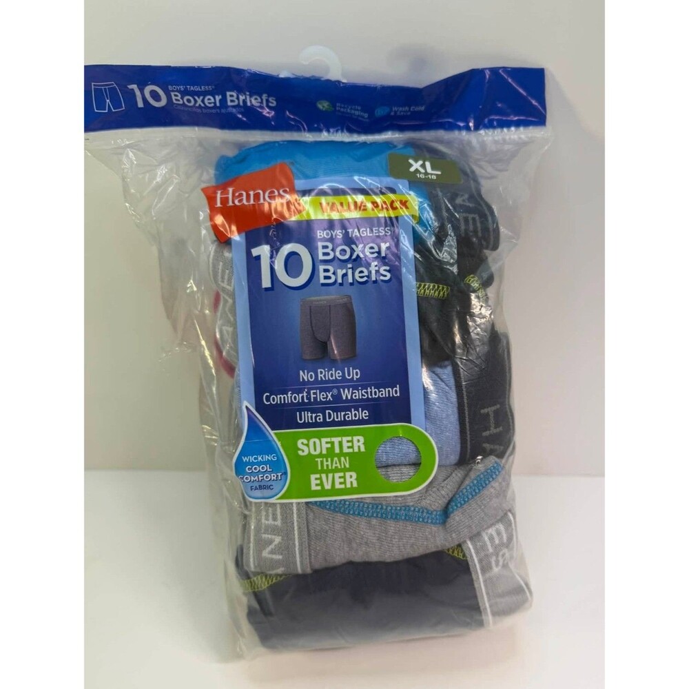 Hanes Boxer Briefs Boys XL 16/18 Tagless Cool Comfort 10 Pair Underwear